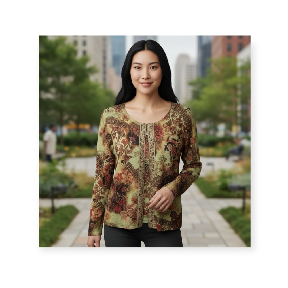 Chico’s ᪥ Silk Brocade Trim Printed Cardigan Twin Set ᪥ Sage Floral ᪥ Large ᪥